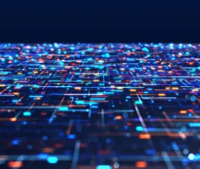 Abstract digital network with glowing blue and orange connections